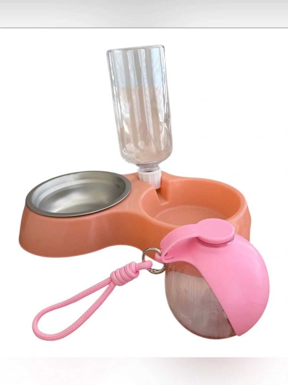 Peach & Pink Double Pet Feeder with Water Bottle and Travel Dispenser